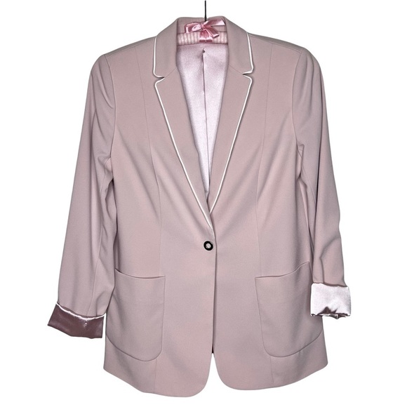 T Tahari Dusty Rose Blazer Size 8 One Button White Piping Trim Preppy Academia - Picture 4 of 15